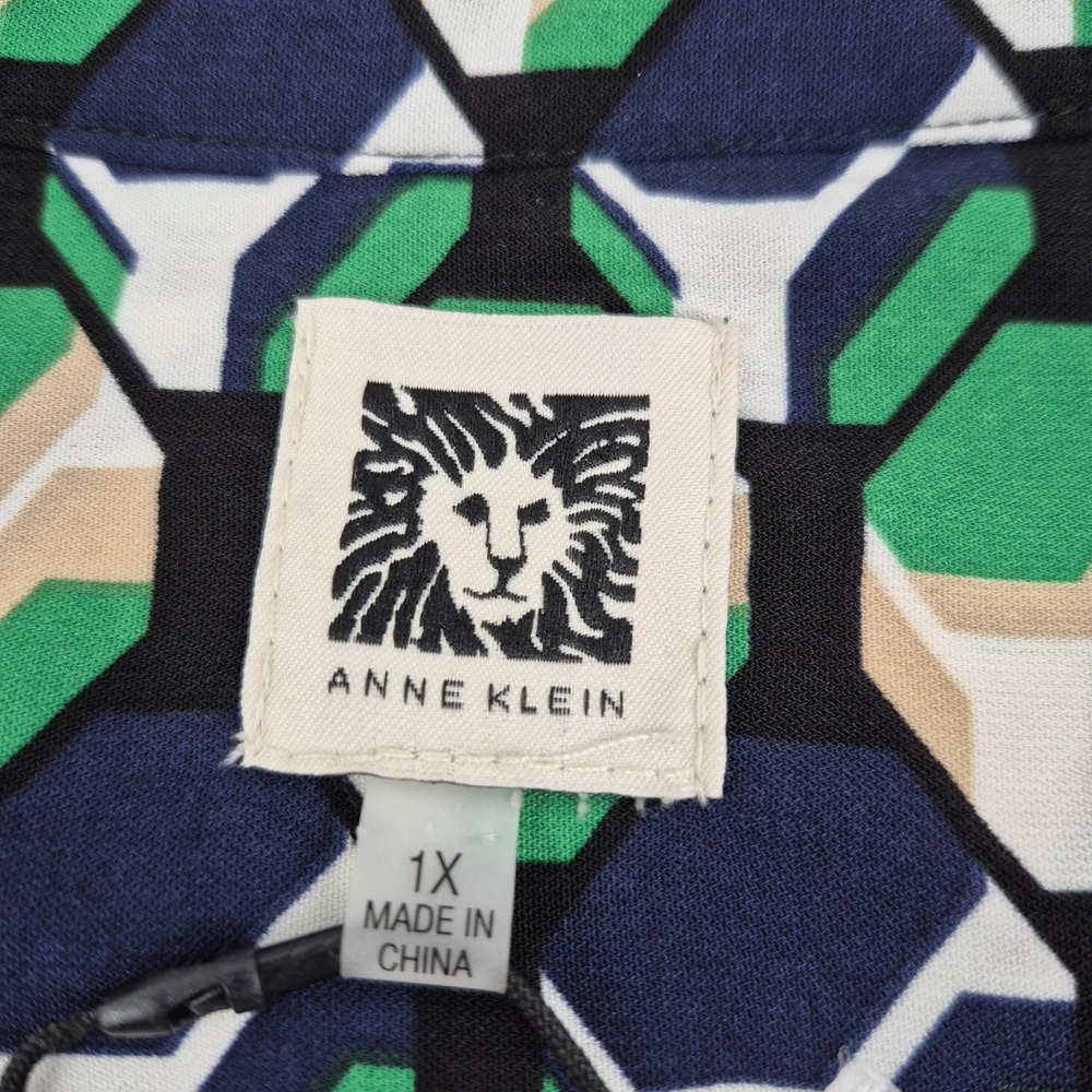 Anne Klein Geo Printed Poet Blouse Women's 1X Green Tan Covered Placket Top NWT - Picture 4 of 16